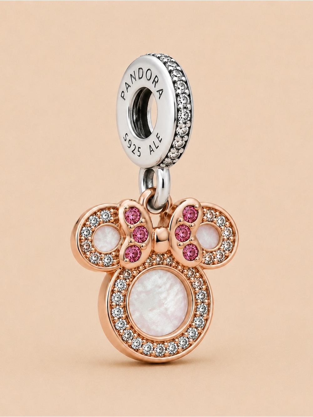 Pandora Rose Gold Minnie Head Charm with Pink Stones and Mother-of-Pearl